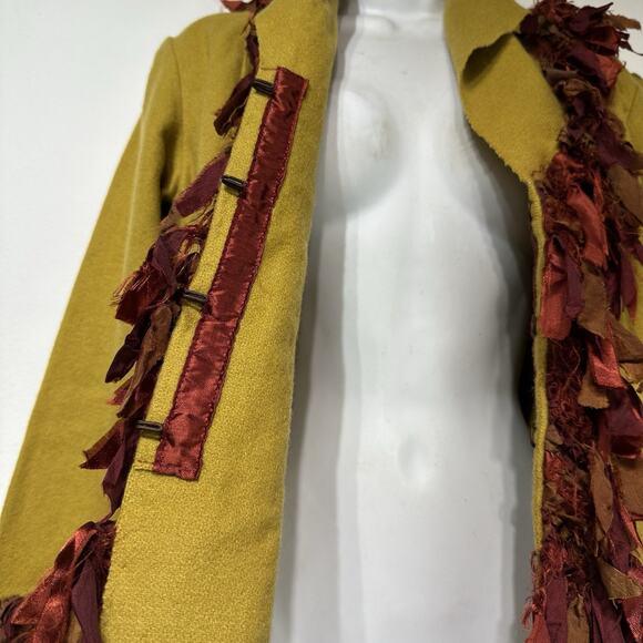 Cat Ballou Mustard Wool Fringe Jacket M Boho Leaf Trim Fall Statement Coat - Picture 14 of 15